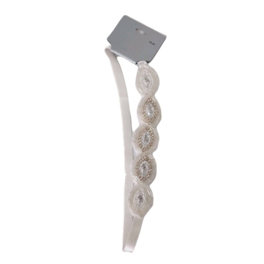 NWT White Beaded Oval Design Elastic Headband ONE SIZE
